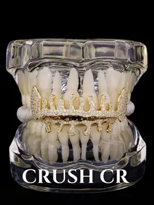 CRUSH CR 1pc/2pcs Copper 14K Gold Plated Drip & Star CZ Grillz Set, Full Top & Bottom Style, Unisex Hip-Hop Tooth Jewelry Accessory For Black Women, Girls & Men, Suitable For Parties, Street Fashion & Daily Wear