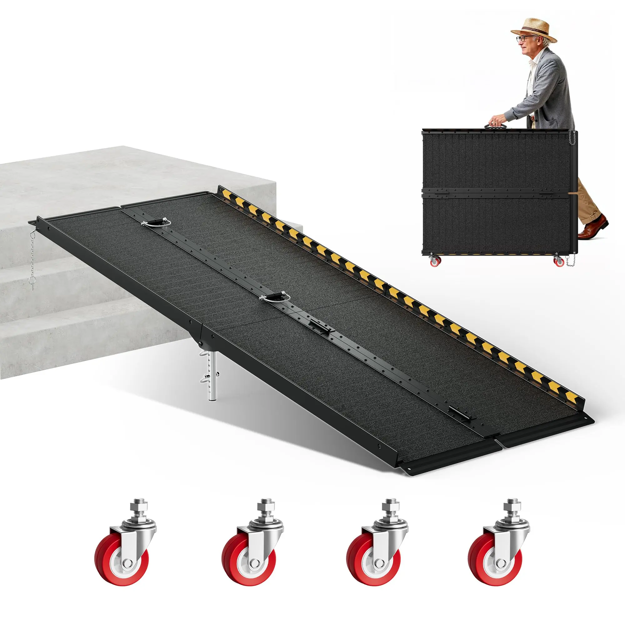 【Summer Sale】CAMMOO 7 FT Portable Wheelchair Loading Ramp - 800LBS Heavy-Duty High-Strength Aluminum Alloy, 4 Adjustable Legs, 4 Wheels, Triple Anti-Slip Seamless Design, Ideal for Home Steps, Thresholds