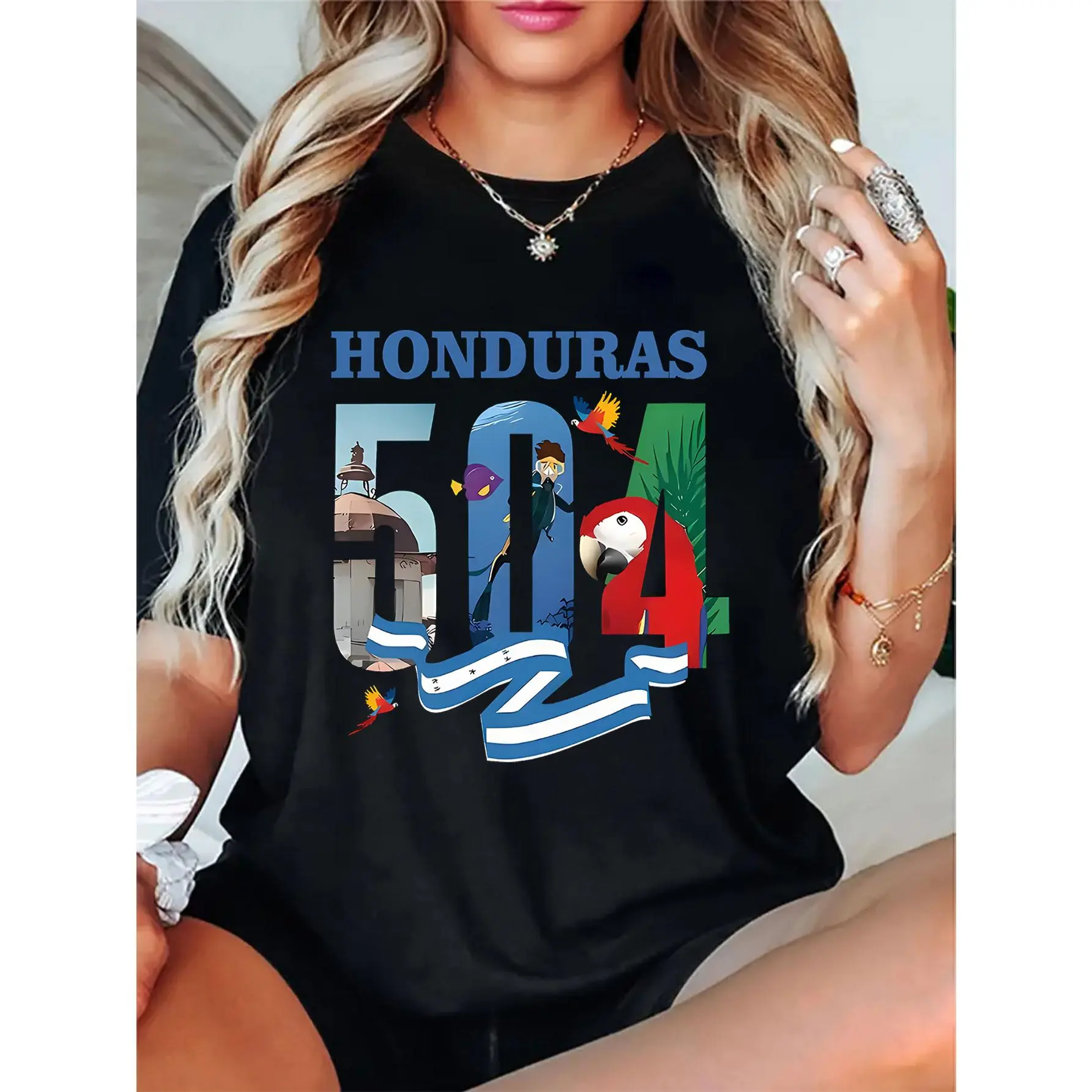Honduras 504 Graphic Print T-Shirt, Casual Crew Neck Short Sleeve Tee, Polyester Knit Fabric with Slight Stretch, All-Season Fashion Top