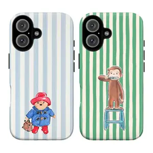 Cartoon Phone Case - Adorable Hand-Drawn Paddington Bear & Curious George Designs with Striped Patterns for iPhone 7 to 16 (Plus, Mini, Pro, Pro Max) and Samsung S21 to S24 (Ultra, Plus)