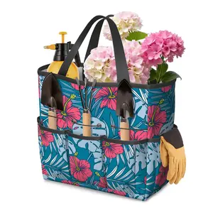 Retro 50's Hawaiian Tiki Decor, Ocean Blue, Pink Hibiscus Tropical Mid Mod Garden Tool Bag