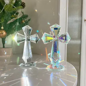 Hand-Carved Crystal Cross Desk Decor, 6 Inch Spiritual Gift for Christians, Clear K9 Crystal Religious Figurine, Home Altar & Office Ornament, Religious Decoration