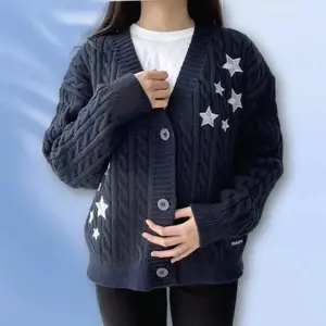 Women’s Winter Midnight Navy Blue Knitted Cardigan/Sweater, Spring Y2K Casual, Single-Breasted, Star Embroidery, Sizes XS–5XL, Dropshipping