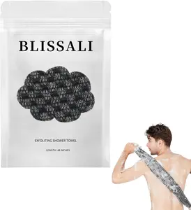 Blissal 47-in Premium Exfoliating Shower Towel, 2-in-1 Bath & Personal Care Bathing Accessories with 2-Sided Cleaning Scrub for Body & Face, Smooth Skin for All Skin Types (Black)