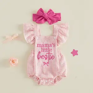 Baby Girl 2Pcs Summer Outfits Ruffle Sleeveless Bow Embroidery Romper with Headband Set Newborn Clothes