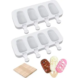Popsicle Molds Set of 2, Ice Pop Molds  4 Cavities Ice Cream Oval Cake Pop Mold with 50 Wooden Sticks for DIY Popsicle, Clear