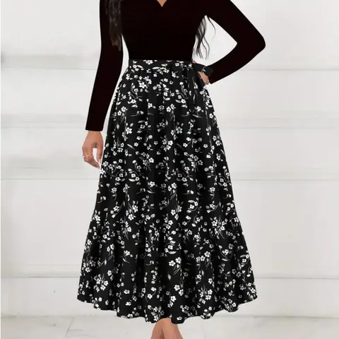 Women's Floral Patchwork Print Scallop V Neck A Line Dress, Elegant Long Sleeve Dress for Party Holiday Wedding Guest, Ladies Spring & Fall Clothes, Wedding Guest Dresses