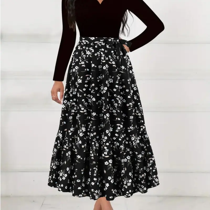 Women's Floral Patchwork Print Scallop V Neck A Line Dress, Elegant Long Sleeve Dress for Party Holiday Wedding Guest, Ladies Spring & Fall Clothes, Wedding Guest Dresses