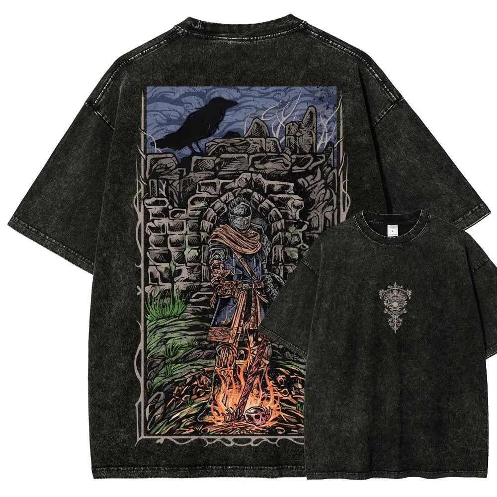 Men's Dark Souls Premium Cotton Graphic T-Shirt - Vintage Vibe, Distressed Look Bonfire Tee, Unisex Oversized Fit for Fans, Festive Gift, Tops, Shortsleeve, Casual, Menswear, Figure Print, Crew Neck, Round Neck, Clothes, Tshirt