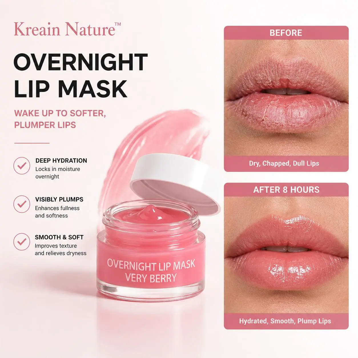 Kreain Nature Overnight Lip Mask, Berry Lip Sleeping Mask for Deep Hydration, Smooth, Soft & Plump-Looking Lips