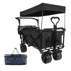 Collapsible Wagon Heavy Duty Folding Wagon Cart with Removable Canopy, 4" Wide Large All Terrain Wheels, Adjustable Handles,Cooler Bag Utility Carts