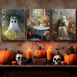 3 Counts Wooden Framed Canvas, Ghost In Flowers Poster, White Ghost, Witch, Halloween Home Poster, Halloween Party Decorations, Living Room And Bedroom Hanging Paintings, Horror Theme, Interesting Posters, Exquisite Gifts, High-Definition Art