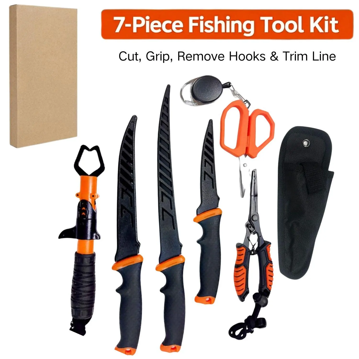 7PCS fishing accessories Fishing Tools Kit with Fishing Pliers, Fish Lip Gripper, Fillet Knife & Scissors, Portable Fishing Gear Set for bass fishing National Fishing Week Spring Fishing Season Father's Day Fishing Gift, Fishing Equipment