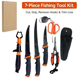 7PCS fishing accessories Fishing Tools Kit with Fishing Pliers, Fish Lip Gripper, Fillet Knife & Scissors, Portable Fishing Gear Set for bass fishing National Fishing Week Spring Fishing Season Father's Day Fishing Gift, Fishing Equipment