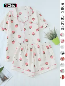 Women's All Over Print Contrast Binding Shirt & Elastic Waist Shorts Lounge Set, Summer Outfits 2024, Casual Pocket Lapel Top & Shorts, Ladies Summer Sleepwear