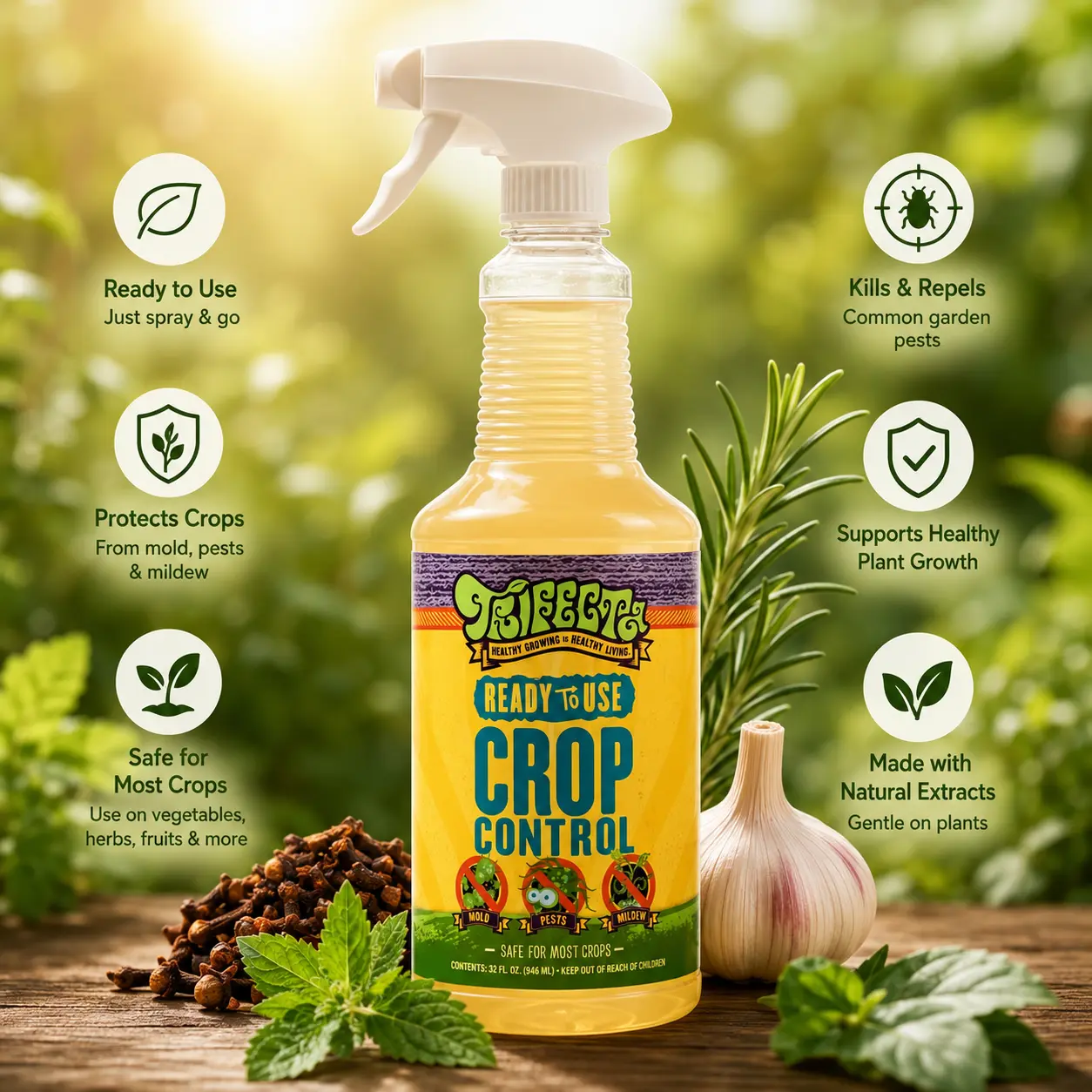 Trifecta Crop Control Ready-to-Use Maximum Strength Natural Pesticide, Fungicide, Miticide, Insecticide & German Cockroach Gel Bait - 32 oz, Targets Spider Mites, Powdery Mildew, Botrytis, Mold on Plants