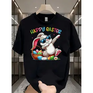 Men's Casual T Shirt Featuring Happy Easter Bunny with Glasses and Egg Basket Graphic Ideal for Holiday Gift