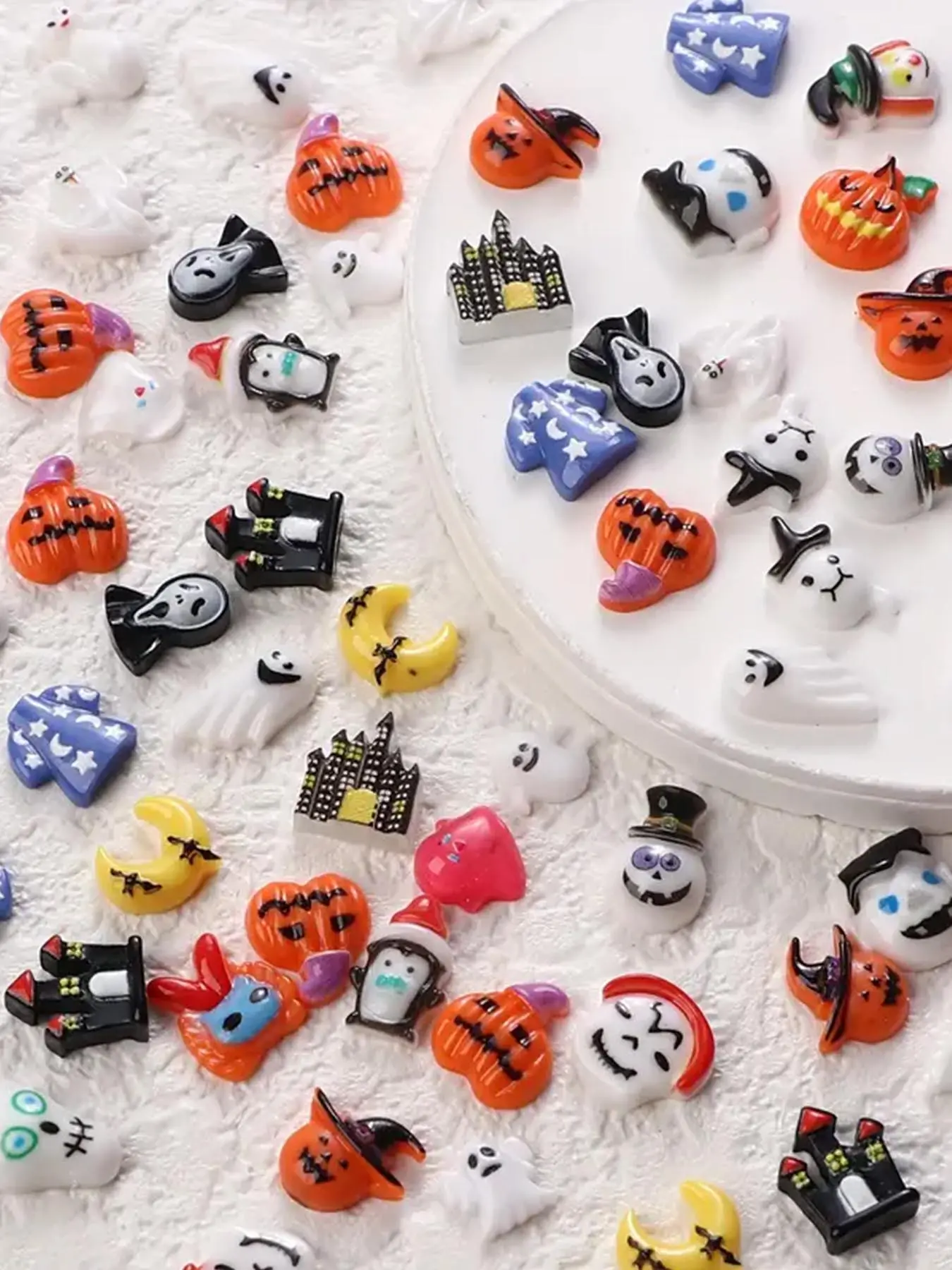 100pcs Low-Allergy Halloween Nail Art Charms - Mini Spooky Cute Ghosts, Pumpkins, Bats, Witches Hats & Skulls With Candy Corn, Bats & Spider Decorations - Safe For Sensitive Light Beige, DIY Manicure & Pedicure Accessories