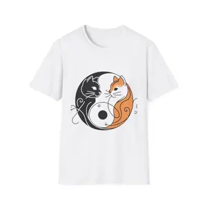 Men's yin yang harmony with cats Graphic T-Shirt - Short Sleeve Crew Neck Regular Fit Casual Wear | Soft & Breathable Fabric, Durable Print, Everyday Comfort, Machine Washable, illustrative and symbolic a stylized design featuring two cats forming a yin