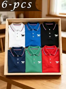 6-Piece Polo Shirt Set, Casual Fashion Home Wear, Business Style Short Sleeve, Solid Animal Horse Print, Striped Collar, Breathable Comfort