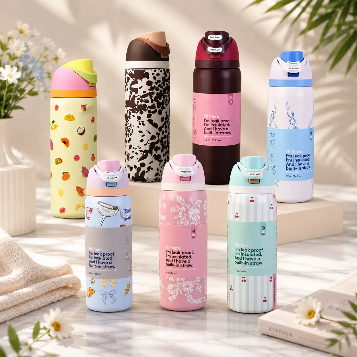 Owala Special Edition Insulated Stainless Steel Straw Water Bottle - Leak-Proof, BPA-Free Vacuum Flask - Blue Bow, Pillow Fight, Brunch Bunch, Black Cherry - for Sports Activities