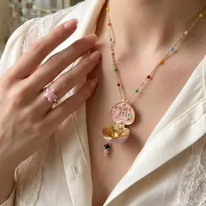 Cute Pink Heart Locket Necklace with Doll Charm - Colorful Beaded Chain | Elegant & Romantic | A Gift of Sweet Love | Ladies' Jewelry | Elegant Daily & Gift Choice