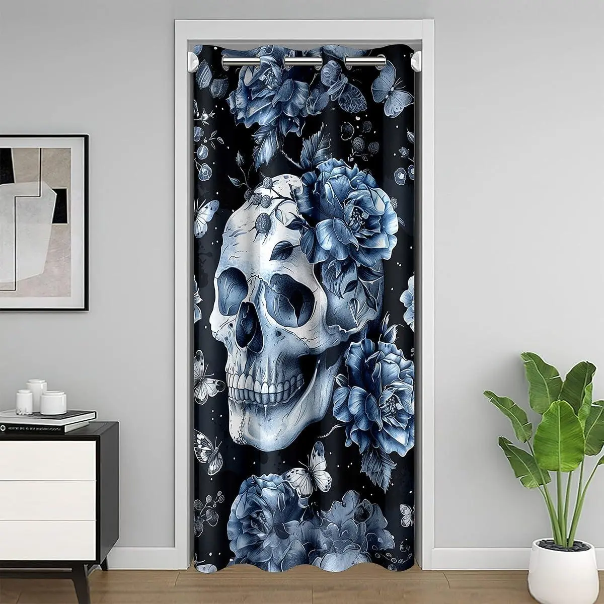 Sugar Skull Door Curtain Doorway Privacy Gothic Skull 30%-50% Room Blackout Curtain Adult Blue Floral Room Divider Curtain Cover Butterfly Window Treatments