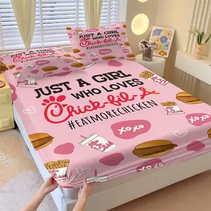 Just A Girl Who Loves Chick-fil-A Fitted Sheet Set, 1 Fitted Sheet + 2 Pillowcases - 3 Pcs Soft Breathable Deep Pocket Bedding, Chicken Lover Pink Bed Sheets for Girls Bedroom Decor, Full Size