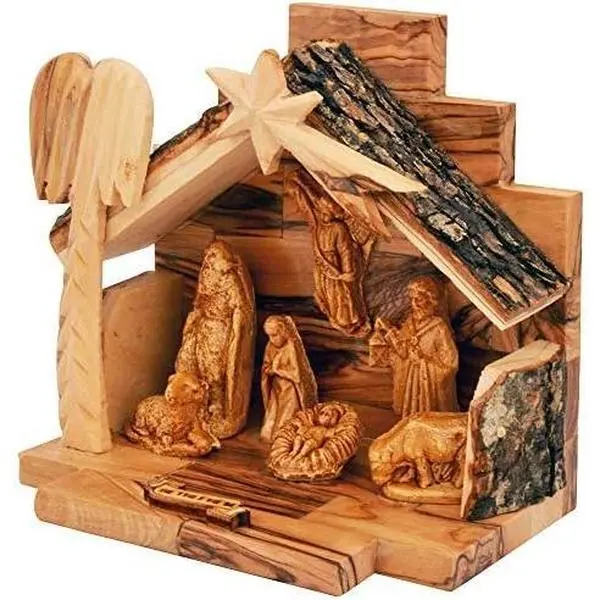 Traditional Handmade Wooden Nativity Scene Set with Figurines - Natural Bark Roof Stable - Christian Christmas Indoor Home Religious Decoration - Holy Land Souvenir Manger Display