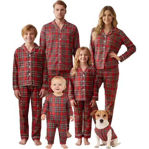 FOCUSNORM Merry Christmas Family Pajamas Set Christmas 2 Piece Plaid Sleepwear Button Down Pjs Set Long Sleeve Shirt Pant Set Party Sleepwear Loungewear Set