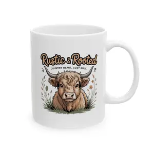 Rustic Cow Ceramic Mug – 'Rooted' Farmhouse Coffee Cup (11oz, 15oz)