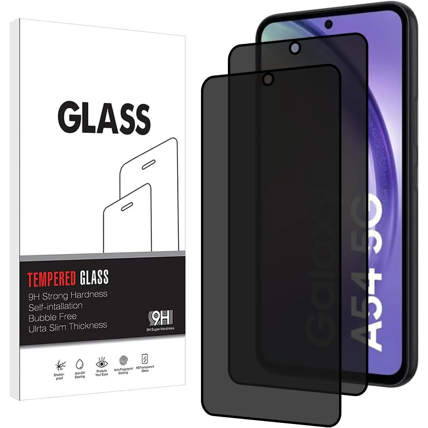 2 Pack for  Galaxy A54 5G  Screen Protector [9H Hardness] HD [Black] Dark Anti Spy Private Tempered Glass Film for  Galaxy A54 5G