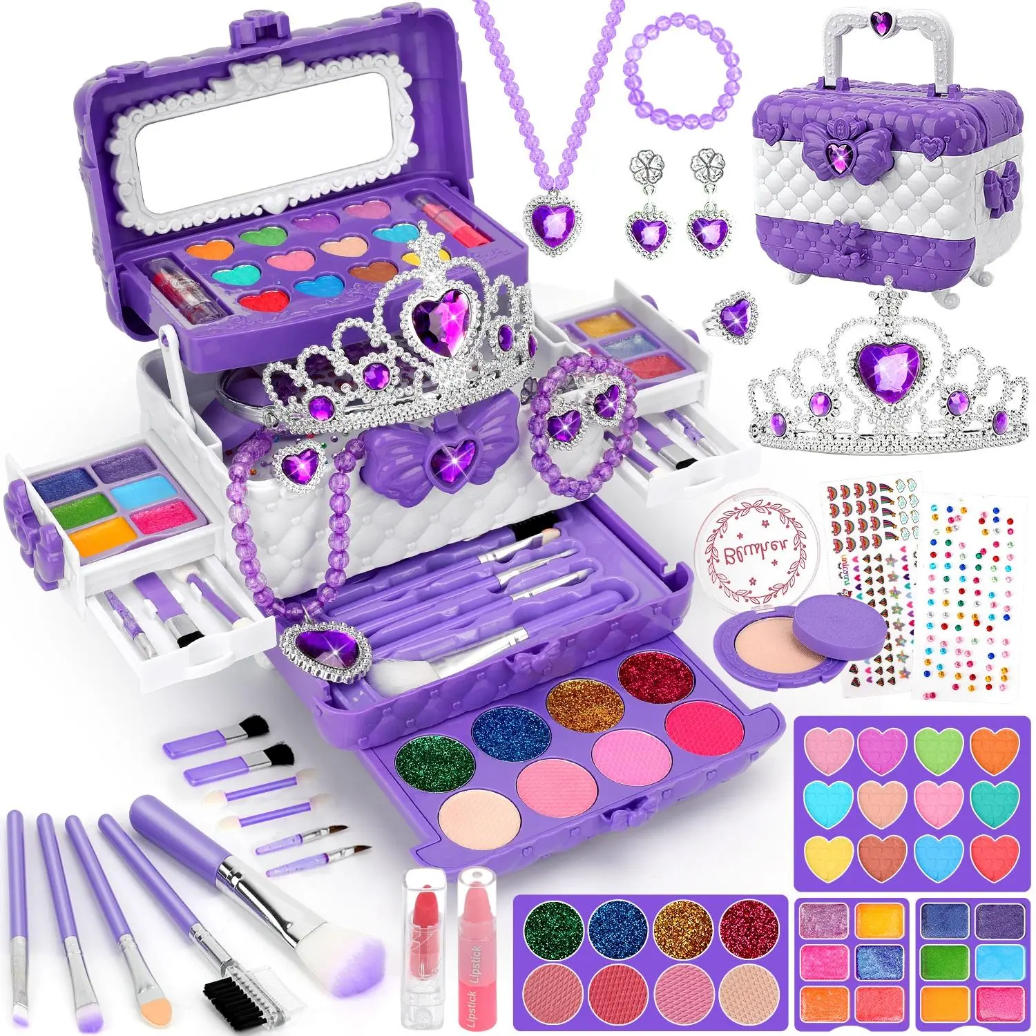 Kids Makeup Set Drawer Storage Box, Portable Role Play Toy, 56-Piece Kit Includes Powder Puff Lipstick Eyeshadow Brush Crown Necklace Earrings Gift Idea