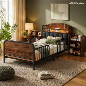 Modern Twin Size ARCH Metal Platform Bed, Upholstered Wooden Headboard, Built-In Light, Pull-Out Storage Shelves, Black (Expected Arrival Date 2025/10/5), Modern Platform Bed