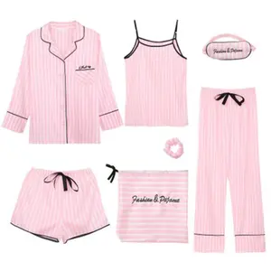 Spring/Autumn 7-Piece Women’s Silk Pajama Set – Printed Shorts, Long-Sleeve Top, Elastic-Waist Pants, Loungewear Sleepwear
