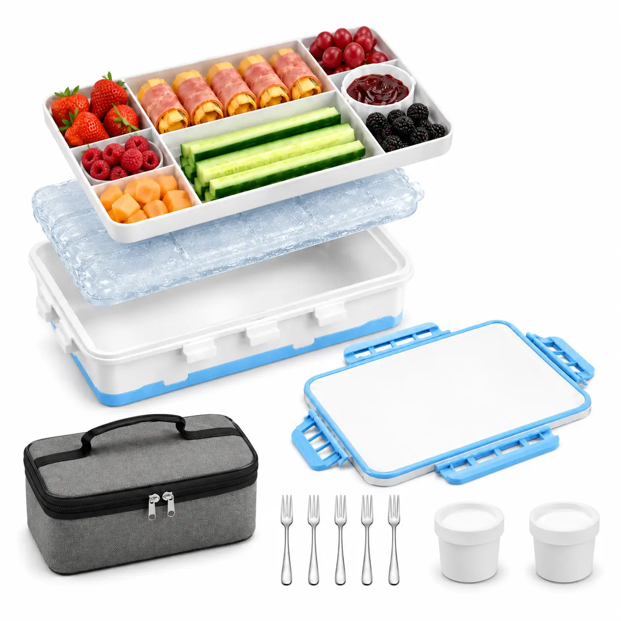2026 Chilled Snackle Box with Reusable Ice Pack, 9-Compartment Divided Serving Tray with Insulated Bag, Dip Cups & Forks, Portable Charcuterie Lunch Box for Beach, Picnic, Travel & Back to School