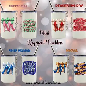 D9 Greek Mini Keychain Tumblers - Personalized with Pretty Girl, Devastating Diva, Finer Woman, and Rhoyal Designs