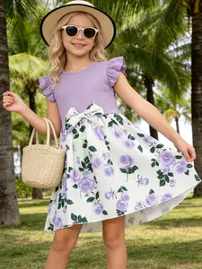 Girl Sweet Purple Floral Print Dress Ruffle Sleeve Waist Bow Fit Flare Color Block Casual Vacation Activewear