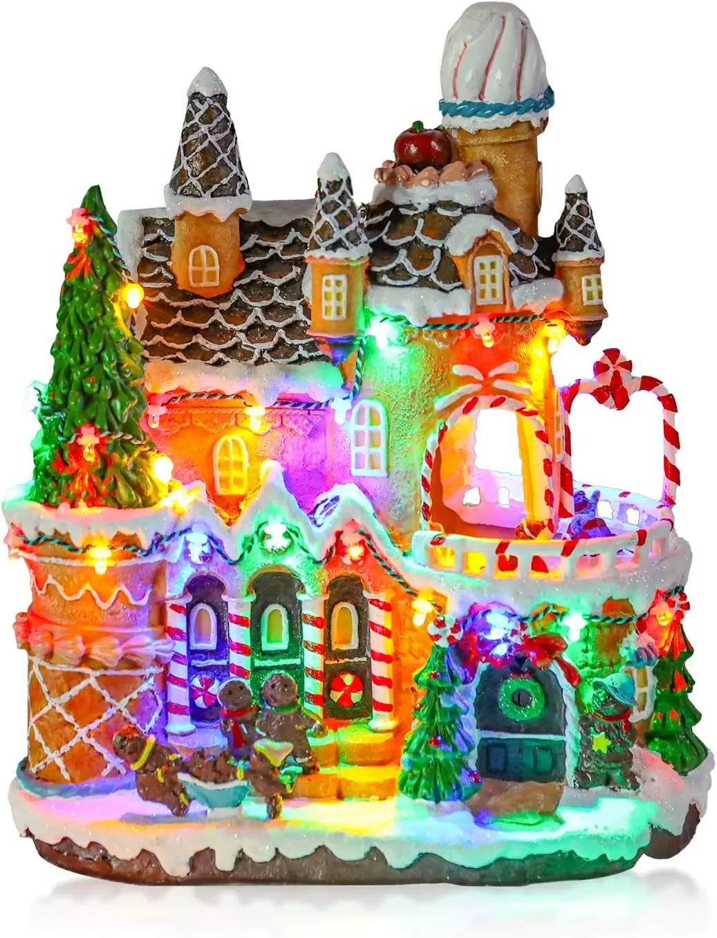 Christmas Village Collectible Gingerbread Man House with Rotating Ice Rink, Colorful Lights, Fairy Ornaments – Festive Home Decor, Xmas Gift