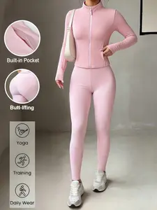 2pcs/Set Street Style Bodycon Outfit,  Jacket With Zipper Front And High Waist Flare Pants With Non-Slip Waistband, Shapewear Jacket With Zipper Detail And Lifting Pants, Boosts Confidence, Women Zipper Front Jacket And  Pants, Athleisure Wear Set