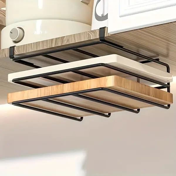 1 pack thickened heavy no-drill cabinet bottom storage rack; multifunctional kitchen cutting board rack and pot lid holder; dual-row organizer; metal hanging cutting board rack; no-drill for kitchen cabinets
