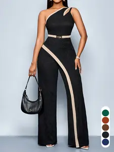 Summer Casual Elegant Women's Colorblock Patchwork High Waist Wide Leg Jumpsuit, Slim-Fitting Long Pants, Fashionable H-Type