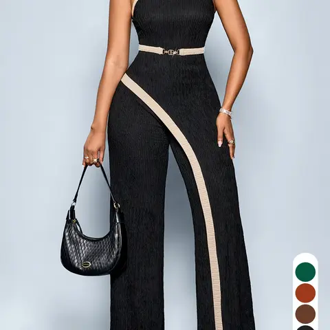 Women's Elegant Sleeveless Colorblock High Waist Wide-Leg Jumpsuit, Fashionable Slim-Fitting Casual Summer Jumpsuit, Fitted Casual Jumpsuit