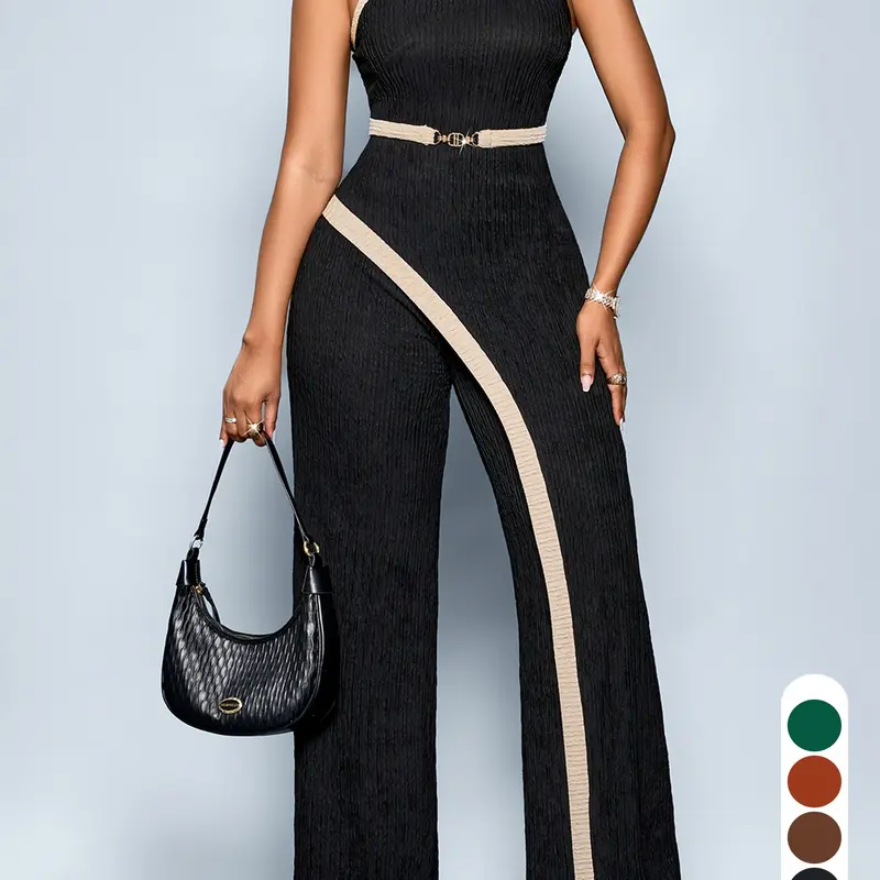 Women's Elegant Sleeveless Colorblock High Waist Wide-Leg Jumpsuit, Fashionable Slim-Fitting Casual Summer Jumpsuit, Fitted Casual Jumpsuit
