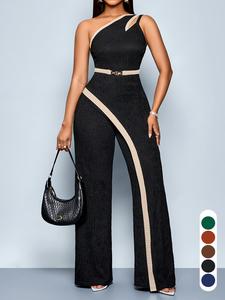 Summer Casual Elegant Women's Colorblock Patchwork High Waist Wide Leg Jumpsuit, Slim-Fitting Long Pants, Fashionable H-Type