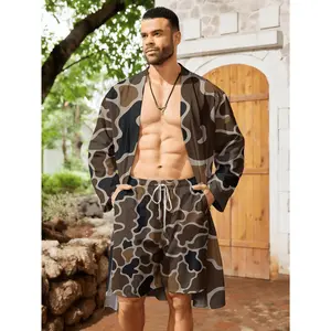 Hunting men's long cardigan and shorts set, a must-have for young men in spring and summer, featuring a deer head print, high-quality, durable, casual, stylish, breathable, comfortable, and cool