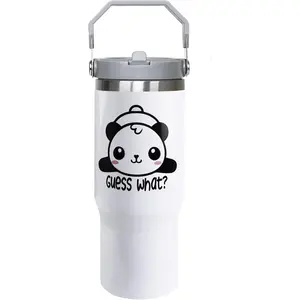 30oz Panda Tumbler with Handle and Straw, Cute Panda Insulated Leak Proof Travel Coffee Mug, Reusable Stainless Steel Tumbler for Panda Lovers, Panda Gifts for Women,Girls, white black
