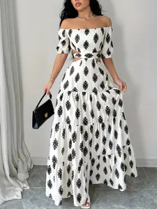 Women's Elegant Short Sleeve Maxi Dress, Spring All-Over Printed Floral Design, Fitted Waist Tie Detail, Perfect for Casual & Party