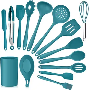 Vesteel 15-Piece Kitchen Utensils Set, Silicone Cooking Utensils with Holder, Non-Stick Cookware Friendly & Heat Resistant - Teal Blue