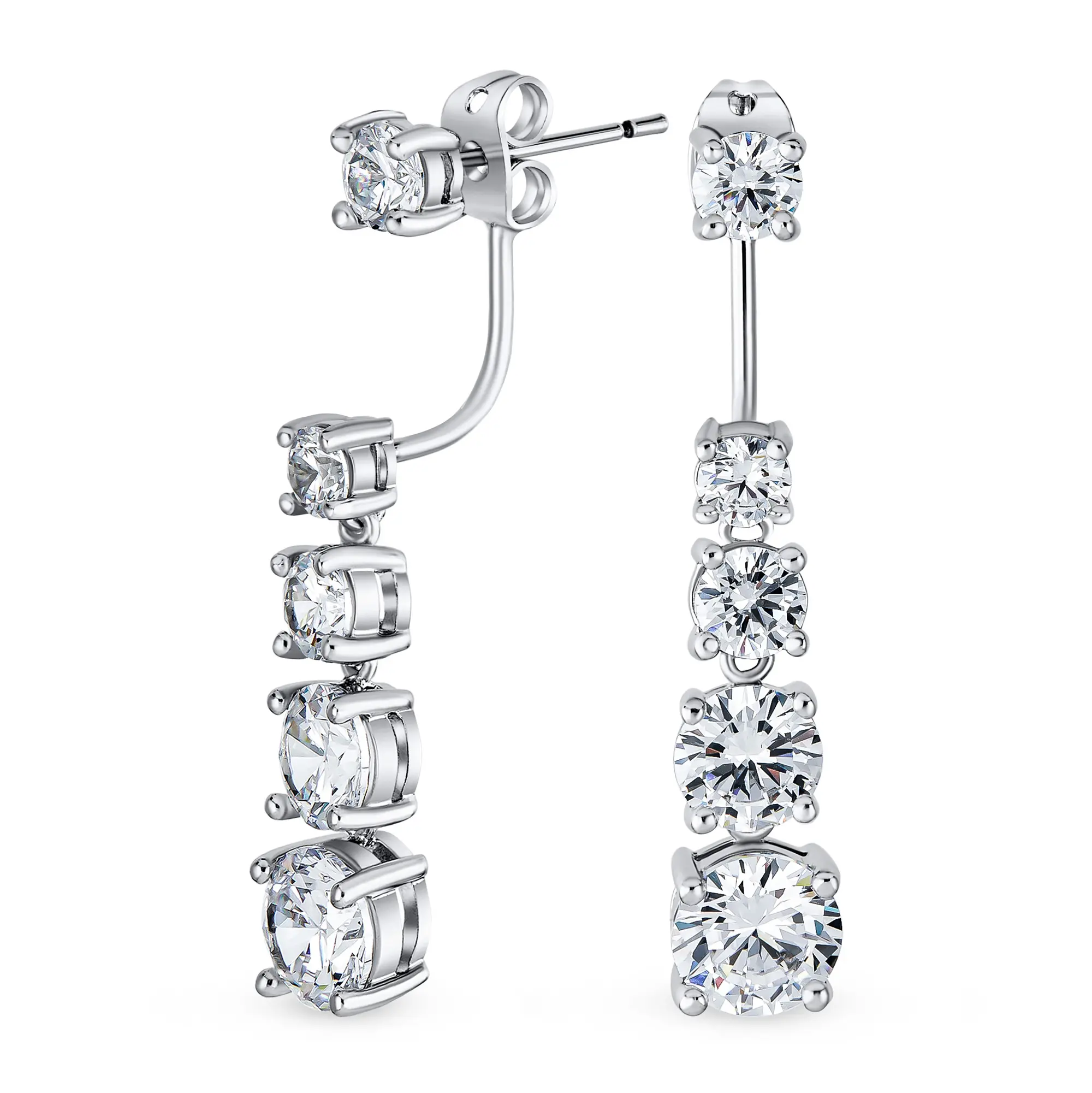 Chic Bridal Linear Graduated Solitaire CZ Drop Stud Earrings & Jacket
